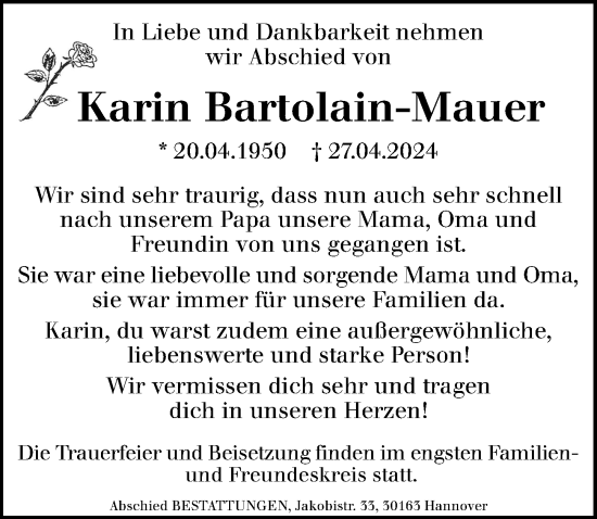 Traueranzeige von Karin Bartolain-Mauer von Hannoversche Allgemeine Zeitung/Neue Presse