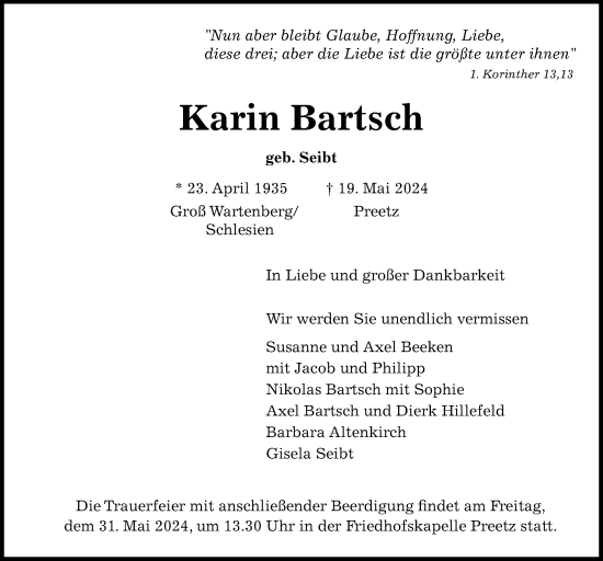 Traueranzeige von Karin Bartsch von Kieler Nachrichten