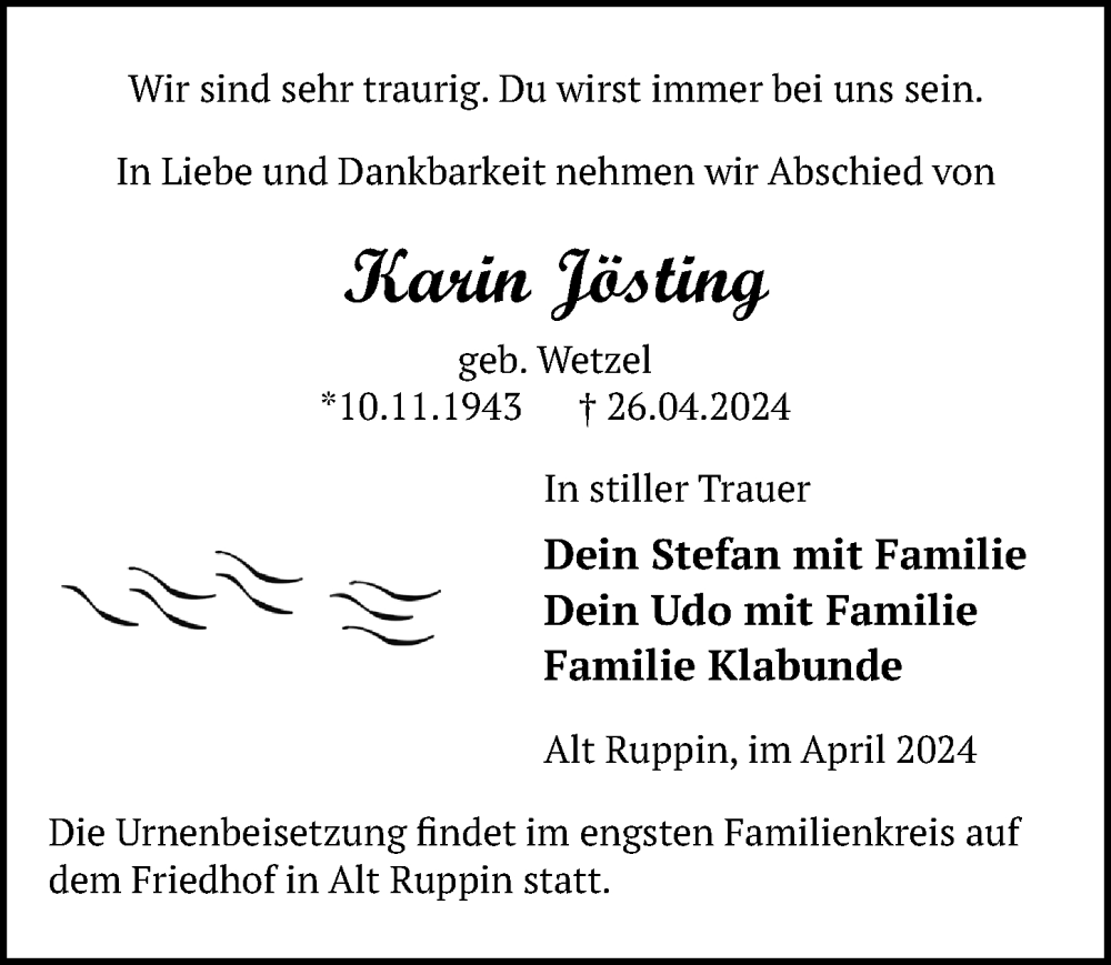  Traueranzeige für Karin Jösting vom 04.05.2024 aus Märkischen Allgemeine Zeitung