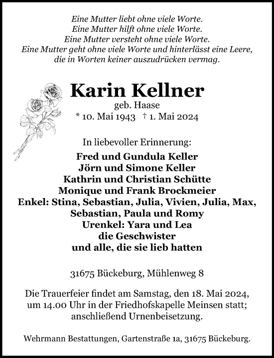 Traueranzeige von Karin Kellner von Schaumburger Nachrichten