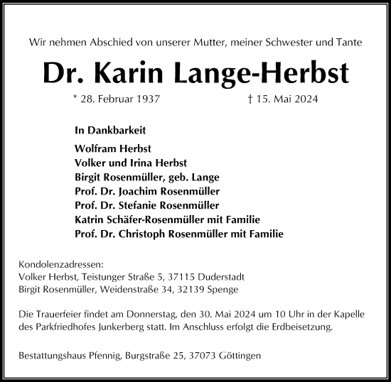 Traueranzeige von Karin Lange-Herbst von Göttinger Tageblatt