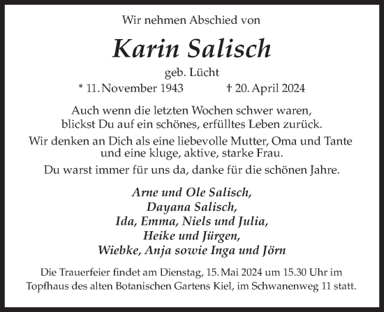 Traueranzeige von Karin Salisch von Kieler Nachrichten