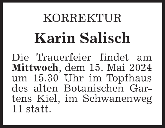 Traueranzeige von Karin Salisch von Kieler Nachrichten