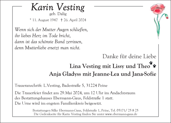 Traueranzeige von Karin Vesting von Peiner Allgemeine Zeitung
