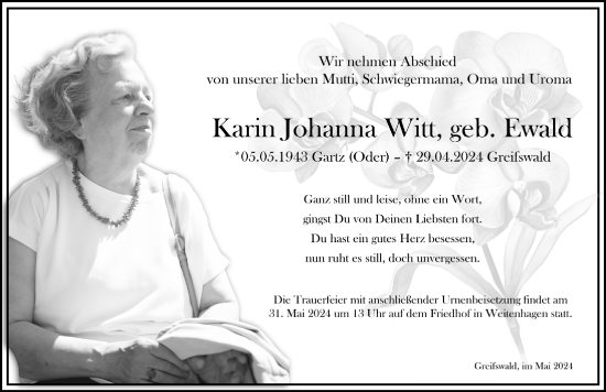 Traueranzeige von Karin Johanna Witt von Ostsee-Zeitung GmbH