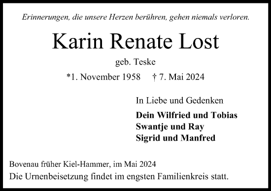 Traueranzeige von Karin Renate Lost von Kieler Nachrichten