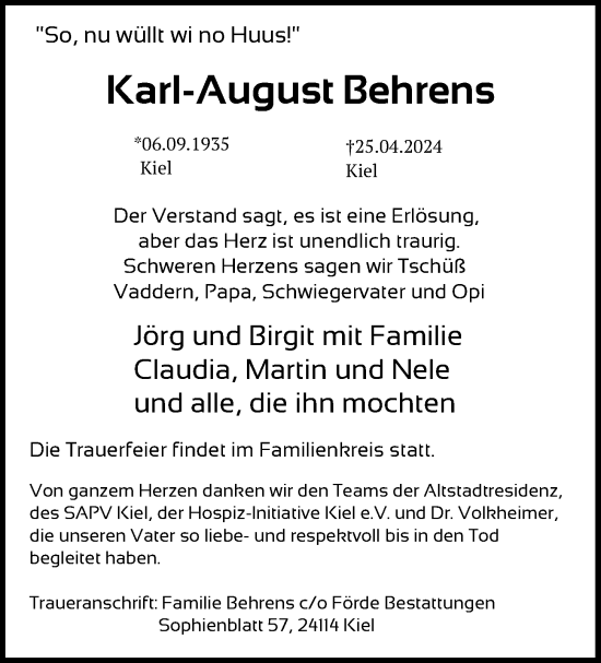 Traueranzeige von Karl-August Behrens von Kieler Nachrichten