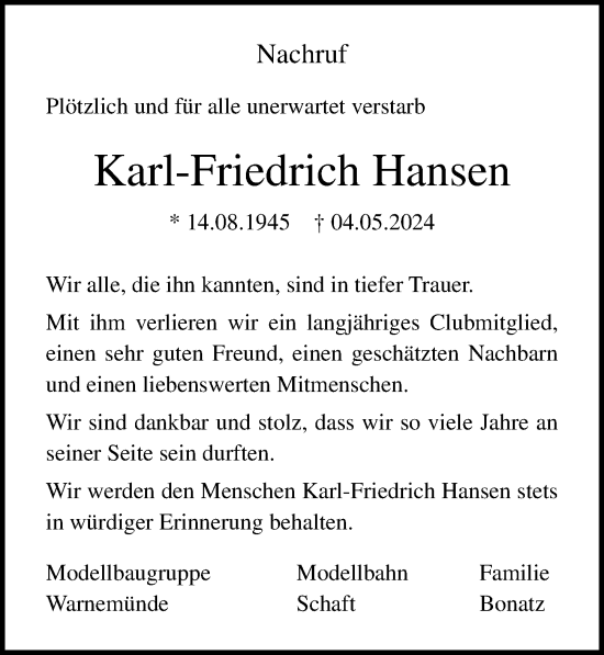 Traueranzeige von Karl-Friedrich Hansen von Ostsee-Zeitung GmbH