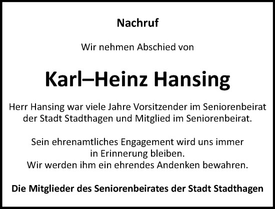 Traueranzeige von Karl-Heinz Hansing von Schaumburger Nachrichten
