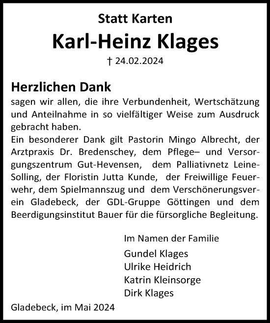 Traueranzeige von Karl-Heinz Klages von Göttinger Tageblatt