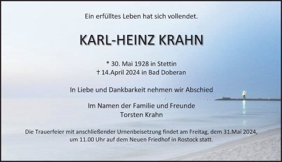 Traueranzeige von Karl-Heinz Krahn von Ostsee-Zeitung GmbH