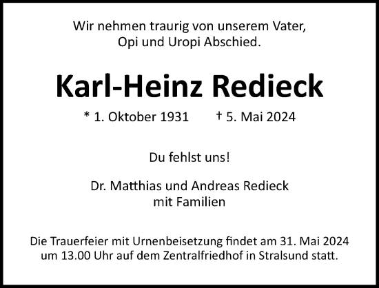 Traueranzeige von Karl-Heinz Redieck von Ostsee-Zeitung GmbH
