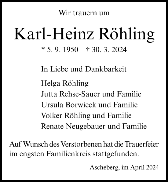 Traueranzeige von Karl-Heinz Röhling von Kieler Nachrichten