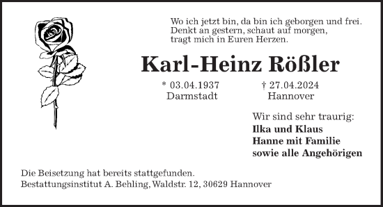 Traueranzeige von Karl-Heinz Rößler von Hannoversche Allgemeine Zeitung/Neue Presse
