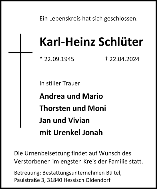 Traueranzeige von Karl-Heinz Schlüter von Schaumburger Zeitung/ Landes-Zeitung