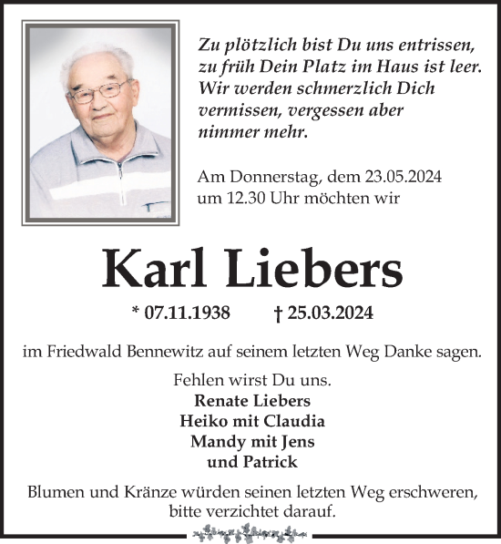 Traueranzeige von Karl Liebers von Leipziger Volkszeitung