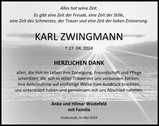 Traueranzeige von Karl Zwingmann von Eichsfelder Tageblatt