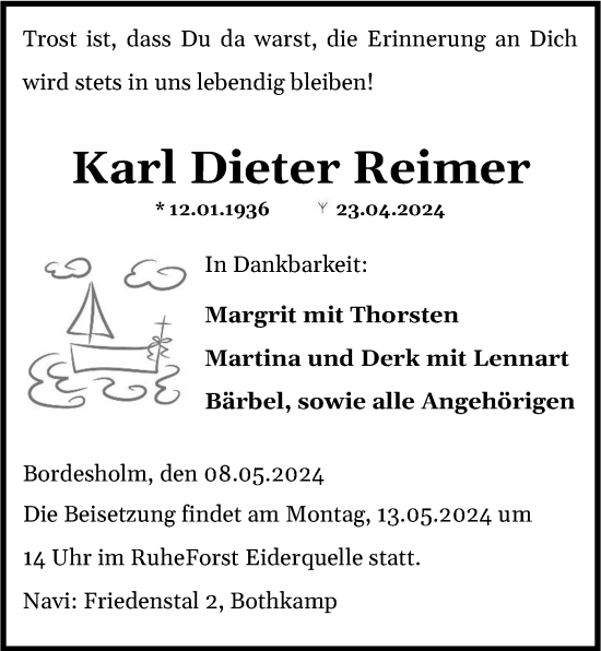 Traueranzeige von Karl Dieter Reimer von Kieler Nachrichten