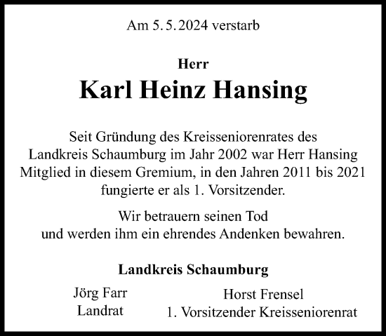 Traueranzeige von Karl Heinz Hansing von Schaumburger Nachrichten