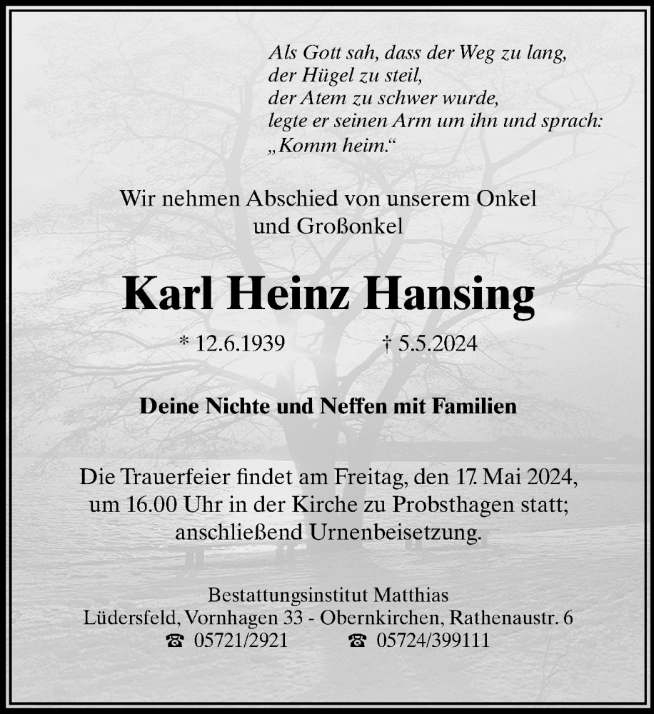 Traueranzeige für Karl Heinz Hansing vom 11.05.2024 aus Schaumburger Nachrichten