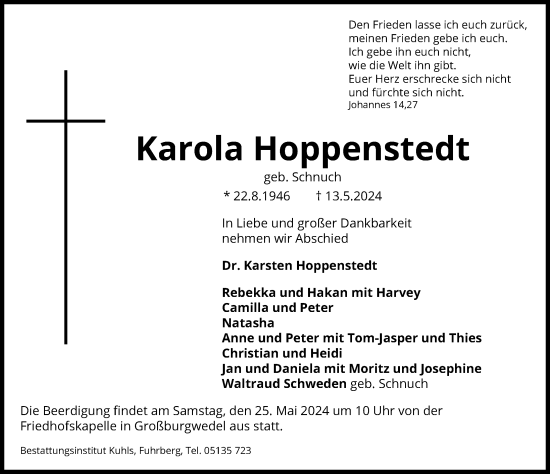Traueranzeige von Karola Hoppenstedt von Hannoversche Allgemeine Zeitung/Neue Presse