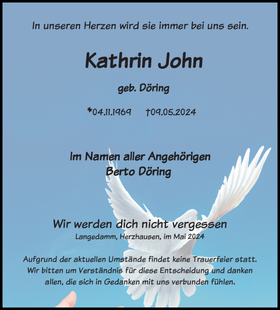 Traueranzeige von Kathrin John von Ostsee-Zeitung GmbH