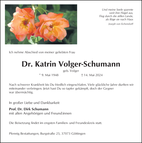 Traueranzeige von Katrin Volger-Schumann von Göttinger Tageblatt
