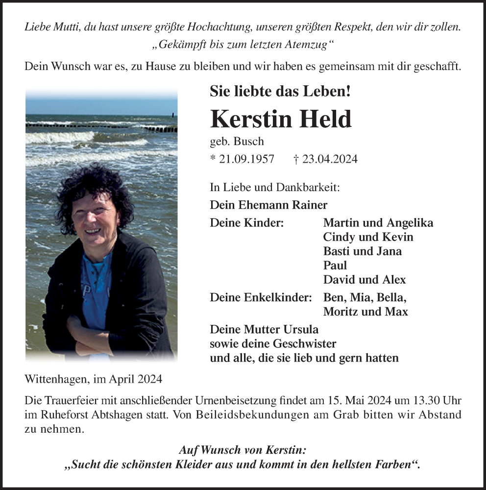  Traueranzeige für Kerstin Held vom 04.05.2024 aus Ostsee-Zeitung GmbH
