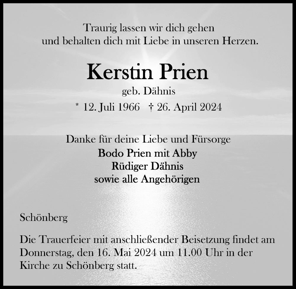  Traueranzeige für Kerstin Prien vom 10.05.2024 aus Kieler Nachrichten