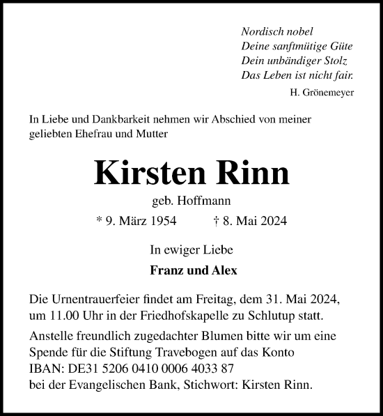 Traueranzeige von Kirsten Rinn von Lübecker Nachrichten
