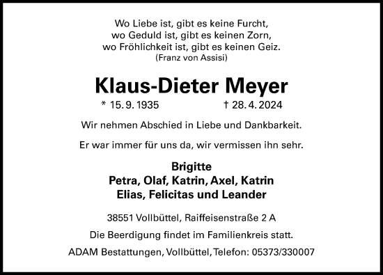 Traueranzeige von Klaus-Dieter Meyer von Aller Zeitung