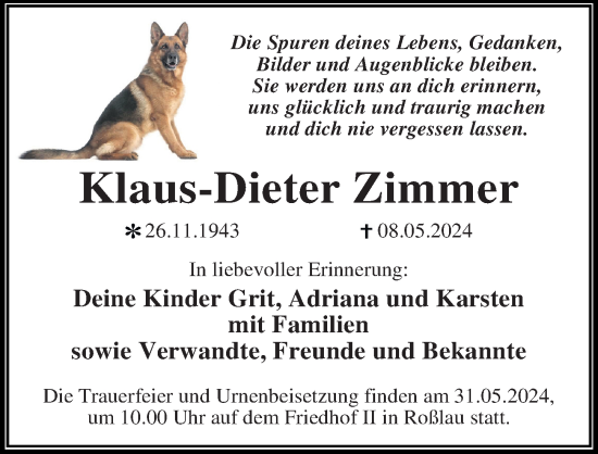 Traueranzeige von Klaus-Dieter Zimmer von Ostsee-Zeitung GmbH