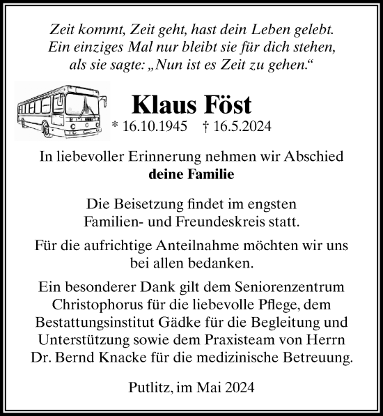 Traueranzeige von Klaus Föst von Wochenspiegel