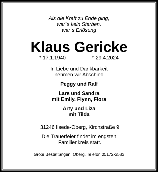Traueranzeige von Klaus Gericke von Peiner Allgemeine Zeitung