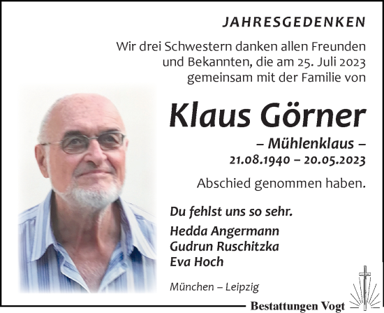 Traueranzeige von Klaus Görner von Leipziger Volkszeitung