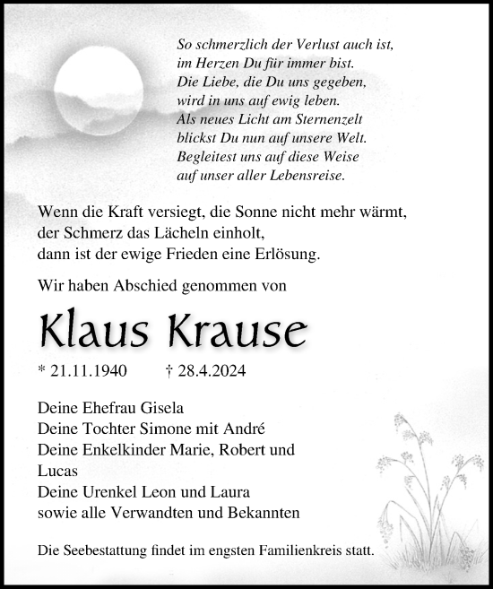 Traueranzeige von Klaus Krause von Ostsee-Zeitung GmbH