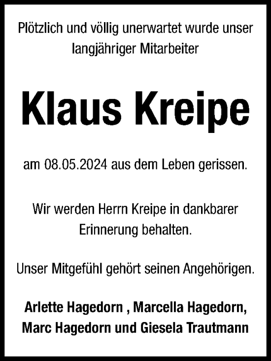 Traueranzeige von Klaus Kreipe von Hannoversche Allgemeine Zeitung/Neue Presse