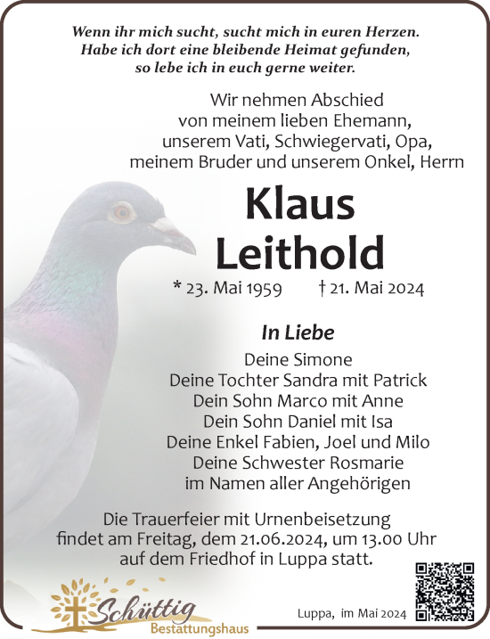 Traueranzeige von Klaus Leithold von Leipziger Volkszeitung