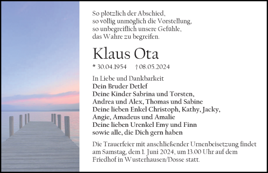 Traueranzeige von Klaus Ota von Wochenspiegel