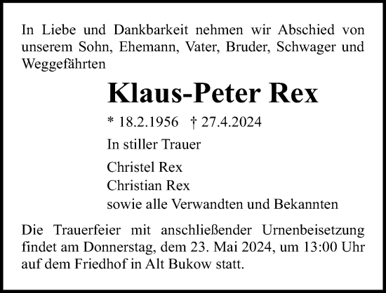 Traueranzeige von Klaus-Peter Rex von Ostsee-Zeitung GmbH