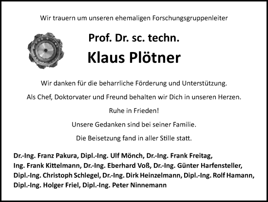 Traueranzeige von Klaus Plötner von Ostsee-Zeitung GmbH