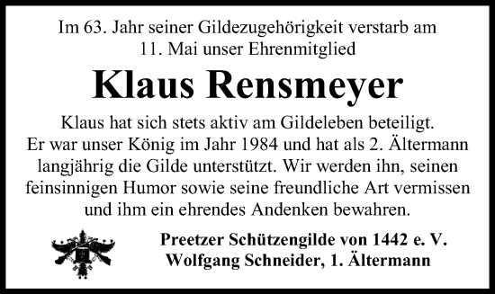 Traueranzeige von Klaus Rensmeyer von Kieler Nachrichten