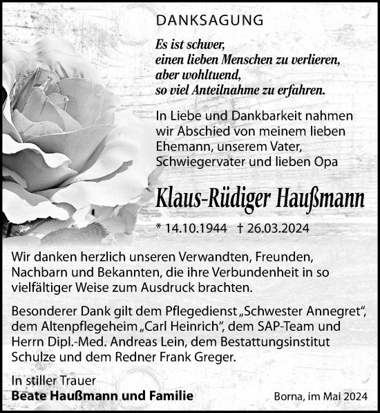 Traueranzeige von Klaus-Rüdiger Haußmann von Leipziger Volkszeitung