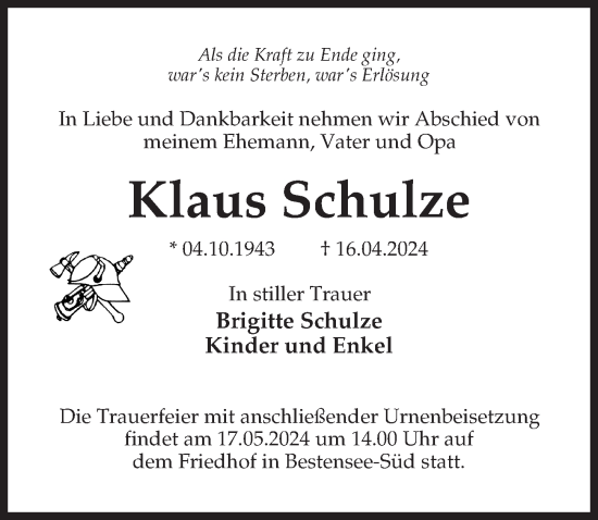 Traueranzeige von Klaus Schulze von Märkischen Allgemeine Zeitung