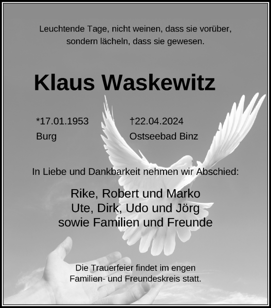 Traueranzeige von Klaus Waskewitz von Ostsee-Zeitung GmbH