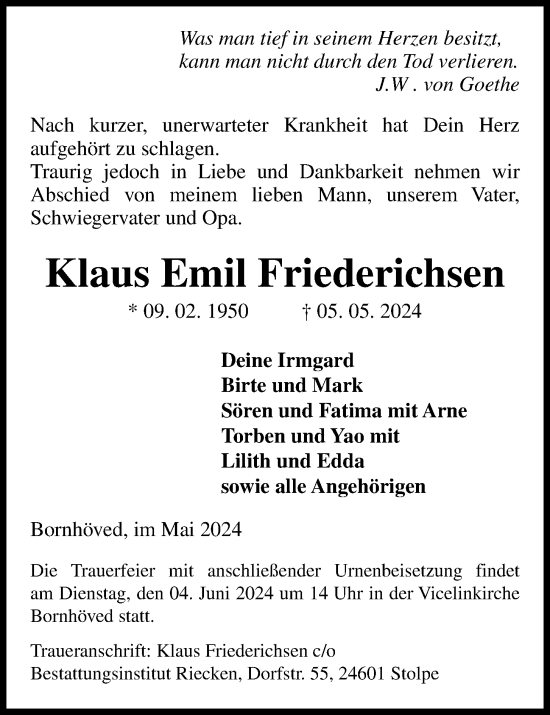 Traueranzeige von Klaus Emil Friederichsen von Kieler Nachrichten