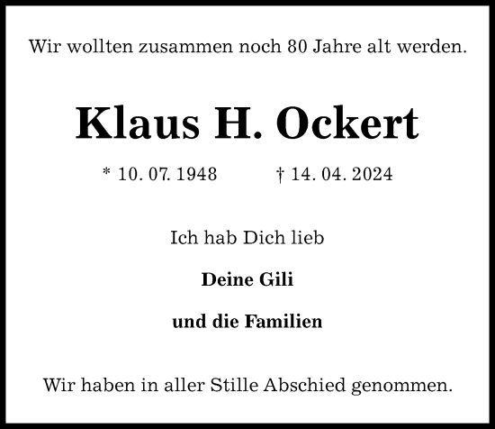 Traueranzeige von Klaus H. Ockert von Kieler Nachrichten