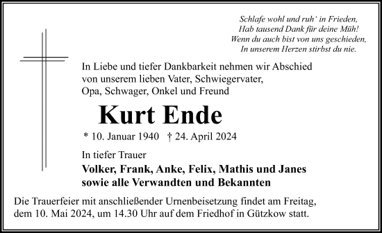Traueranzeige von Kurt Ende von Ostsee-Zeitung GmbH