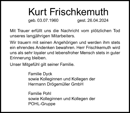 Traueranzeige von Kurt Frischkemuth von Lübecker Nachrichten