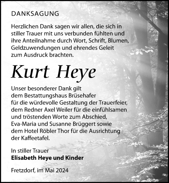 Traueranzeige von Kurt Heye von Wochenspiegel